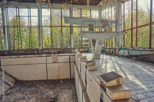 swimming pool in Pripyat, the ghost town in the Chernobyl Exclusion Zone which was established after the nuclear disaster