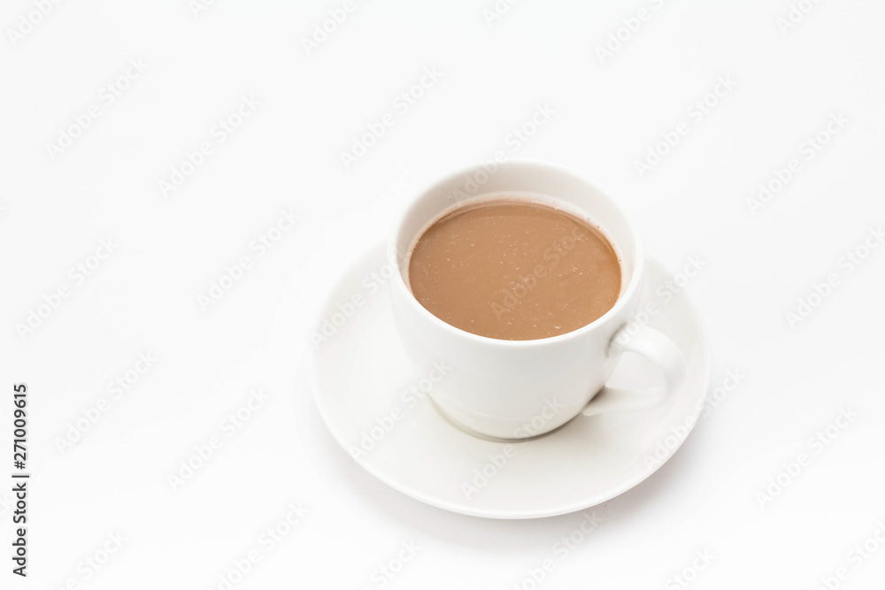 Coffee cup on saucer on white background