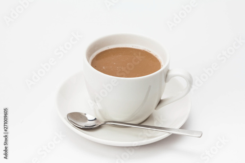 Coffee cup on saucer on white background