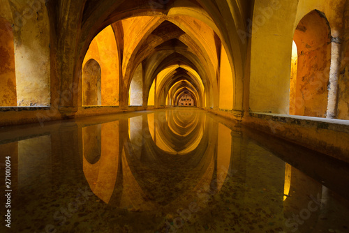 Baths of Lady Mary of Padilla rainwater reflecting pool under Alcazar palace Seville Andalusia