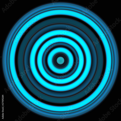 Abstract blue and cyan colorful neon circle on black background. Texture with circular lines. Vivid round  pattern.