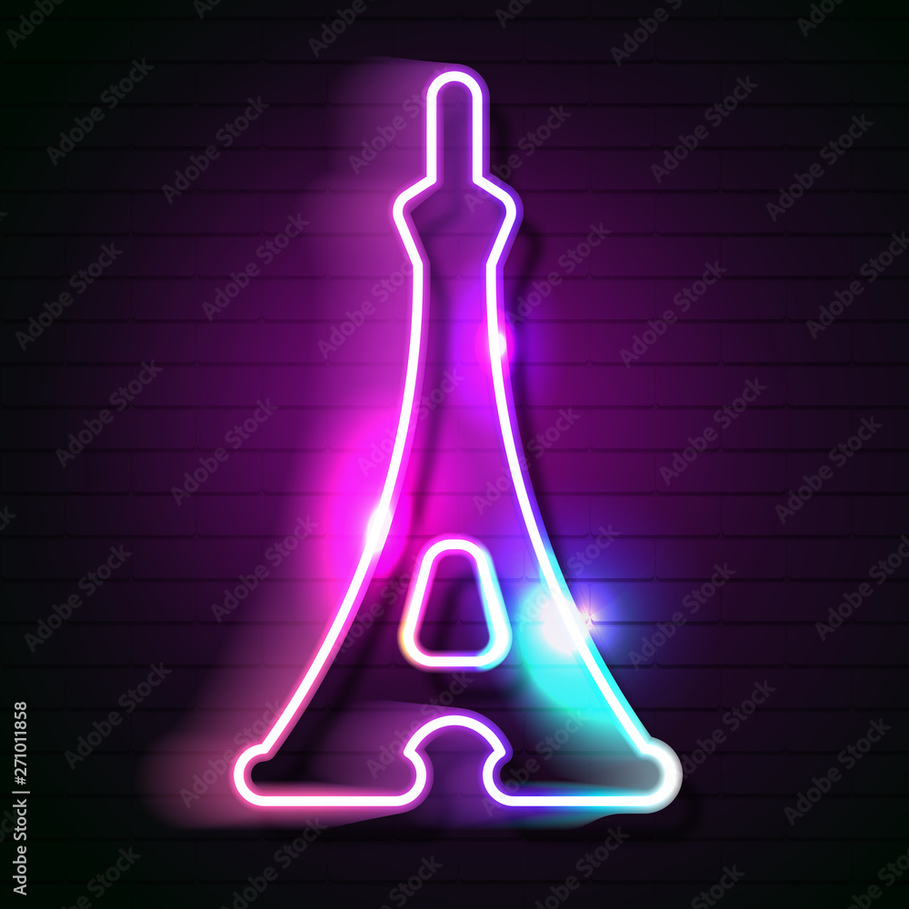 Eiffel tower neon sign. Luminous signboard with famous tower. Night bright advertisement. Vector in neon style for French vacation, travel agency, architecture Eiffel tower neon sign. Luminous signboard with famous tower. Night bright advertisement. Vector in neon style for French vacation, travel agency, architecture