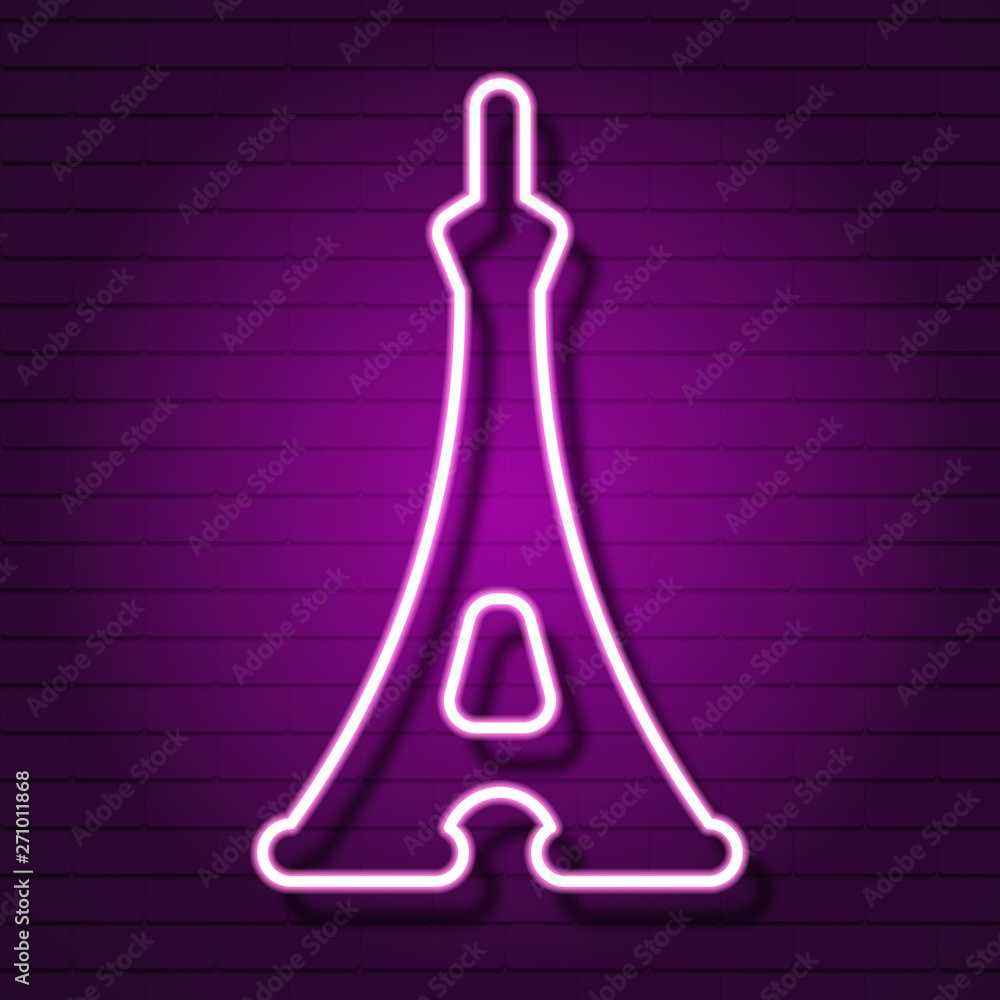 Eiffel tower neon sign. Luminous signboard with famous tower. Night bright advertisement. Vector in neon style for French vacation, travel agency, architecture Eiffel tower neon sign. Luminous signboard with famous tower. Night bright advertisement. Vector in neon style for French vacation, travel agency, architecture