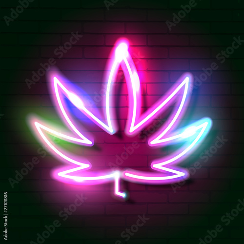 Medical Cannabis Logo Leaf Glowing Neon Sign.