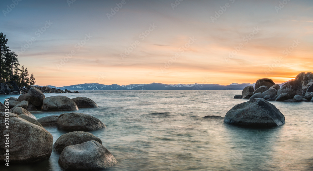 stones in water-Sunset at Sand Harbor, Lake Tahoe Nevada