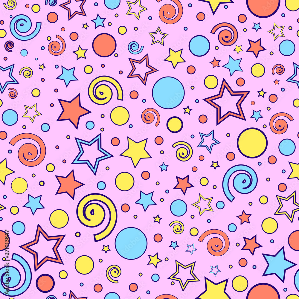 Bright seamless pattern of blue, yellow and orange stars, dots and curls, on a pink background, vector. Bright seamless pattern of blue, yellow and orange stars, dots and curls, on a pink background, vector.