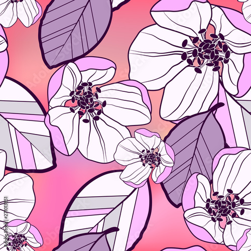 Floral abstract seamless pattern of large purple-white with black apple flowers and colorful leaves, on a bright gradient pink-purple background.