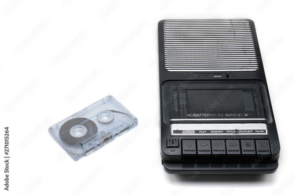 Fototapeta premium Old-time desktop type cassette recorder on white isolated background