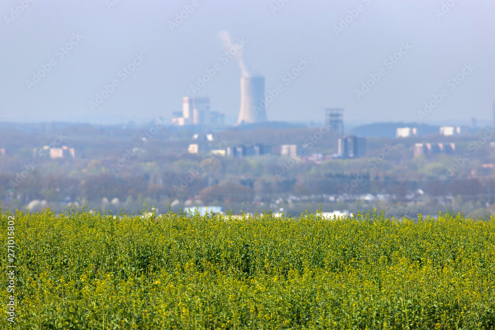 a plain field in front of a power plant