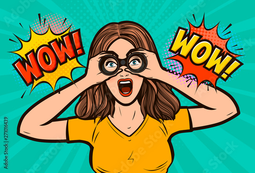 Wow. Sexy surprised woman with open mouth looking through binoculars. Vector illustration in pop art retro comic style