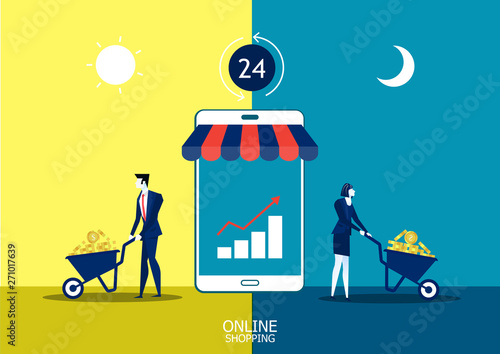 Businessman pushing wheelbarrow in profit business online shop from smartphone concept.illustrator