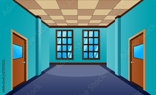 Cartoon school hallway with window and many doors