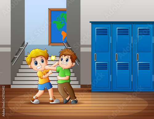 Illustration Cartoon of two boys fighting at the school