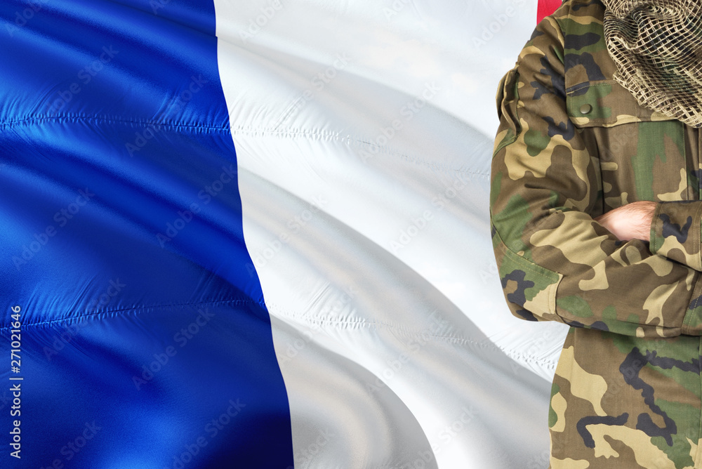 Φωτογραφία Crossed arms French soldier with national waving flag on background - France Military theme