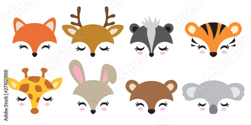 Vector illustration set of cute animal faces including fox  deer  skunk  tiger  giraffe  rabbit  bear and koala.