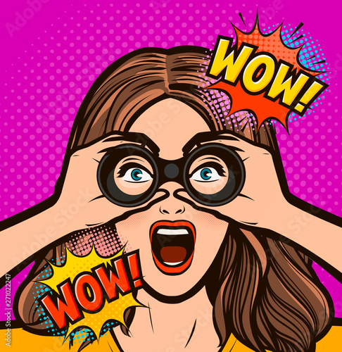Surprised woman looking through binoculars. Vector illustration in pop art retro comic style
