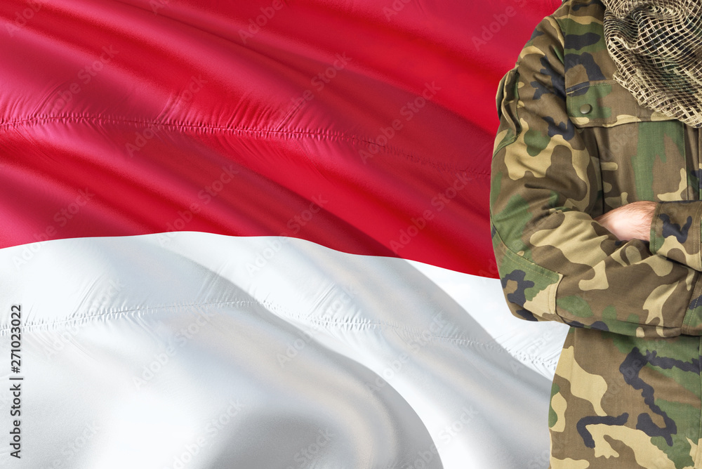 Fototapeta premium Crossed arms Monegasque soldier with national waving flag on background - Monaco Military theme.