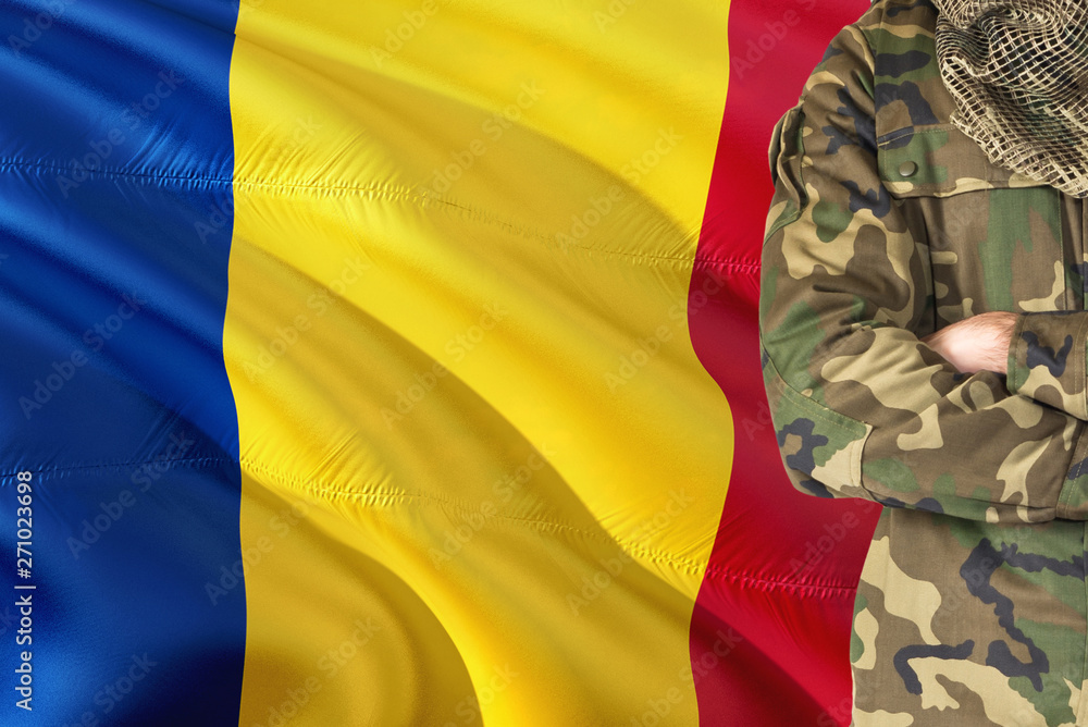 Φωτογραφία Crossed arms Romanian soldier with national waving flag on background - Romania Military theme