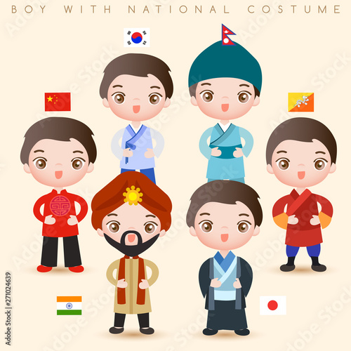 Boys in national costumes : China, Korea, Nepal, Bhutan, India and Japan : Vector Illustration