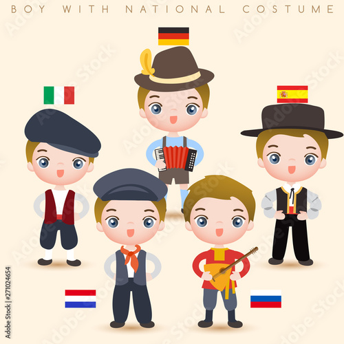 Boys in national costumes : Italy, Germany, Spain, Holland and Russia : Vector Illustration