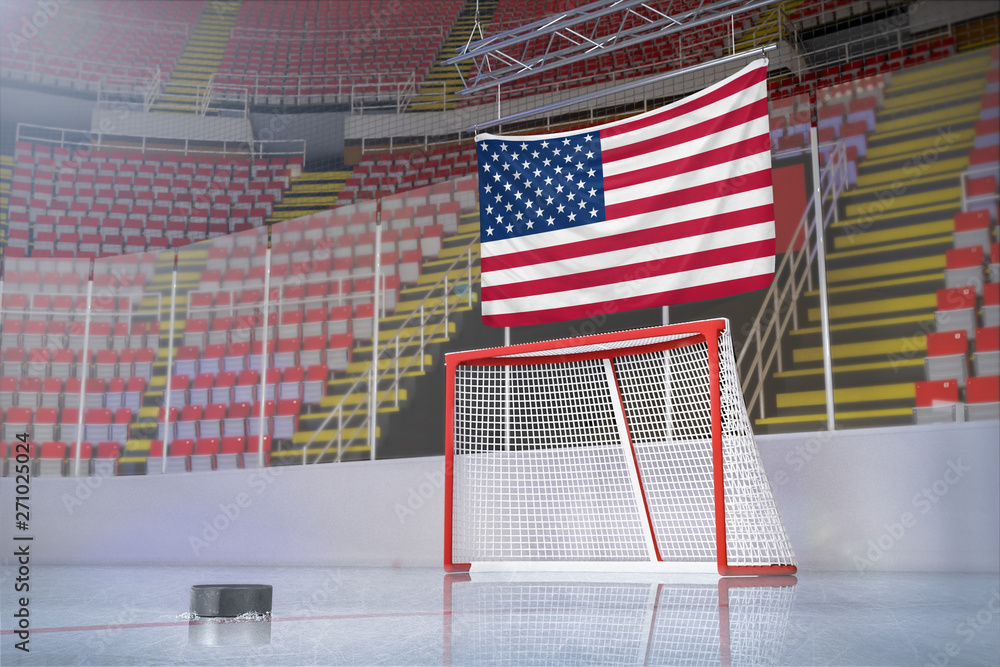 Φωτογραφία Flag of the United States in hockey arena with puck and net