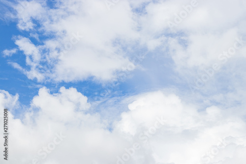 Sky blue or azure sky and clouds is bright white background. Everything lies above surface atmosphere outer space is sky. Cloud is aerosol comprising visible mass.