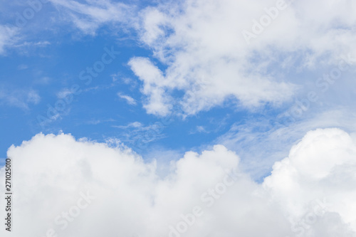 Sky blue or azure sky and clouds is bright white background. Everything lies above surface atmosphere outer space is sky. Cloud is aerosol comprising visible mass.