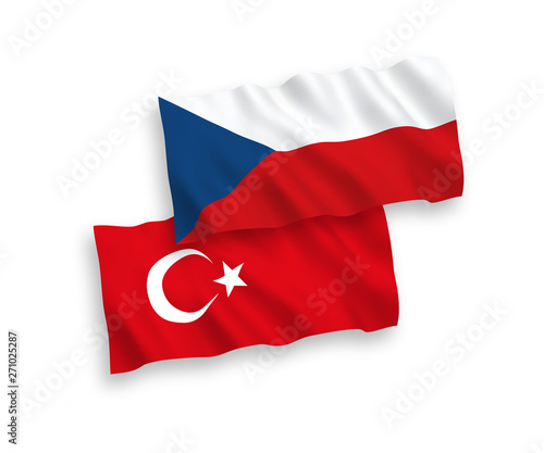 National vector fabric wave flags of Turkey and Czech Republic isolated on white background. 1 to 2 proportion.