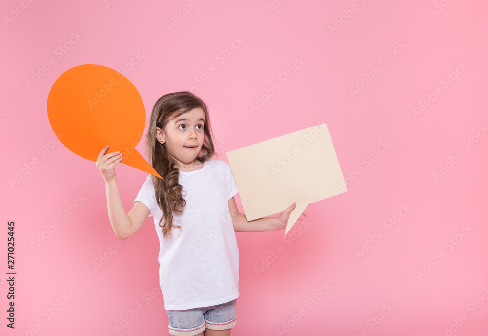 Cute little girl with an icon of a speech on a pink background Stock ...