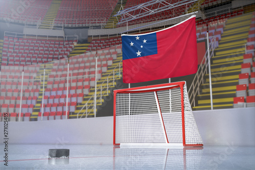 Flag of Samoa in hockey arena with puck and net