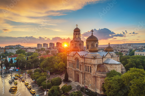 The Cathedral of the Assumption in Varna, Bulgaria. Aerial sunset view