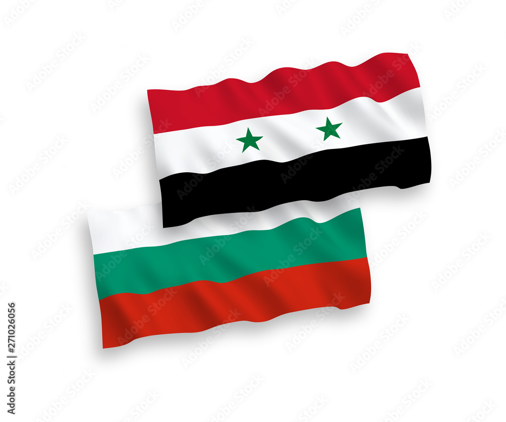 National vector fabric wave flags of Bulgaria and Syria isolated on white background. 1 to 2 proportion. National vector fabric wave flags of Bulgaria and Syria isolated on white background. 1 to 2 proportion.