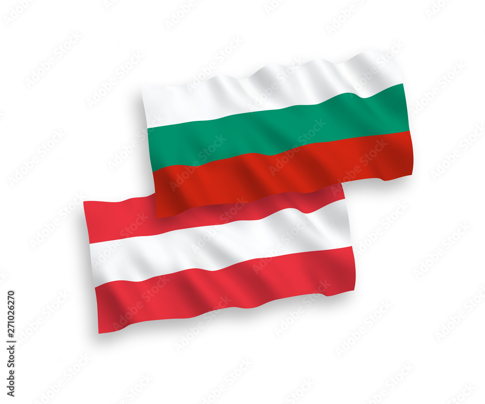 National vector fabric wave flags of Austria and Bulgaria isolated on white background. 1 to 2 proportion. National vector fabric wave flags of Austria and Bulgaria isolated on white background. 1 to 2 proportion.
