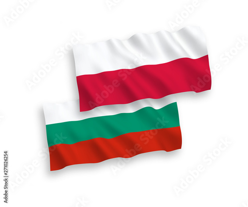 National vector fabric wave flags of Bulgaria and Poland isolated on white background. 1 to 2 proportion.