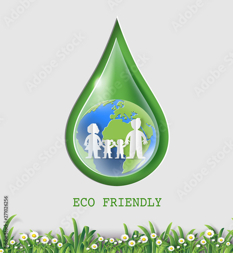 World Environment Day concept, water drop with earth and family, paper art and craft style, flat-style vector illustration.