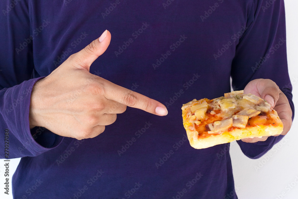 Hungry man eating pizza and showing thumbs up very good on white background.