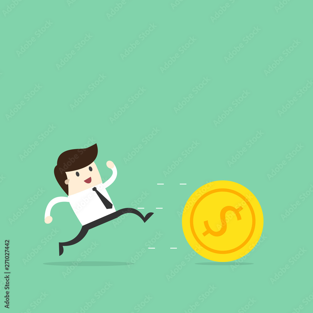 Business man run follow money gold coin. Business man run follow money gold coin.