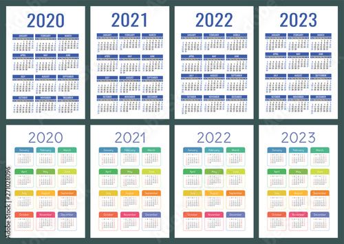 Calendar 2020, 2021, 2022 and 2023. English color vector set. Vertical wall or pocket calender template. Golorful big design collection. New year. Week starts on Sunday