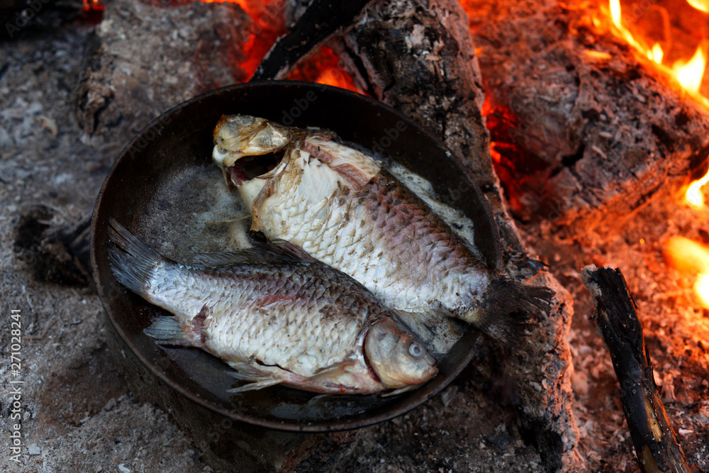 fish frying in oil on the fire. Successful fishing