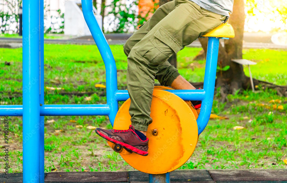 The close up exercise bikes in park. The close up exercise bikes in park.