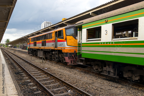 Bangkok, Thailand : 2017 June 26 - Train to transport people from train station , Bangkok train station or Hua Lamphong Railway Station at Bangkok.
