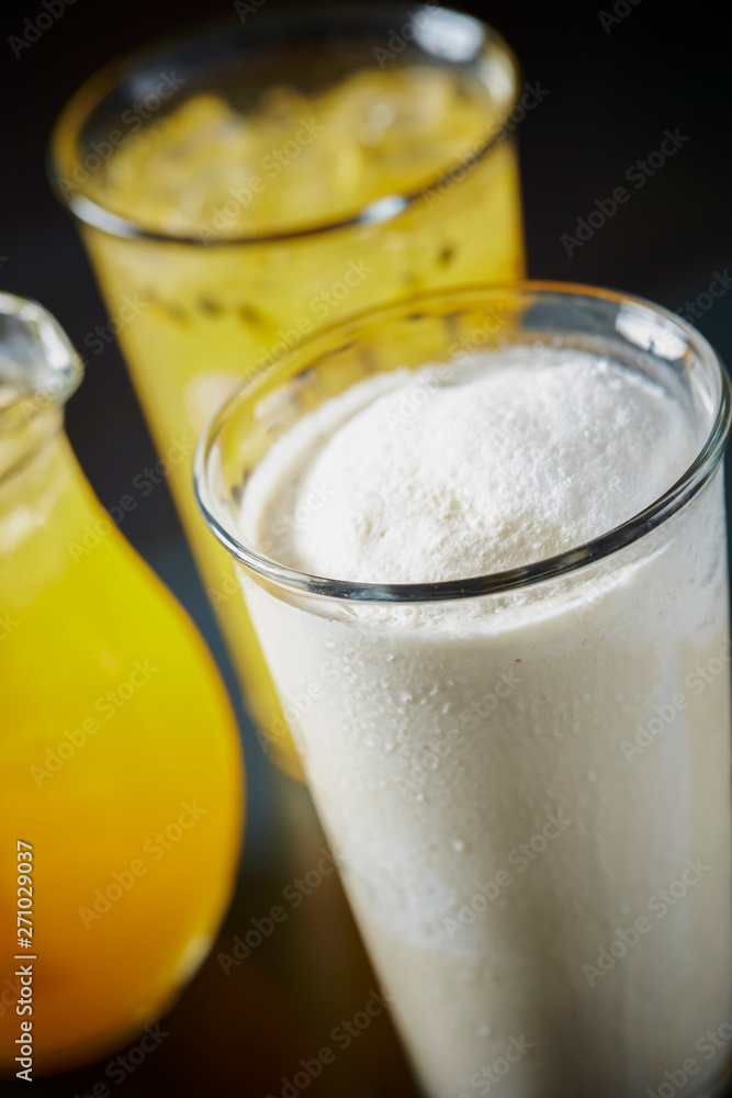 Vanilla shake, passion fruit juice and orange juice Vanilla shake, passion fruit juice and orange juice