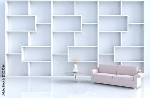 Warm white room decor with shelves wall, tile floor, carpet, branch,sofa. The sun shines through the window into the shadows. 3D render.