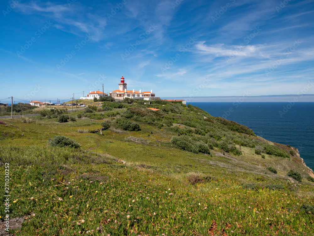 SINTRA, PORTUGAL - May, 2019: Amazing landscape of Cabo da Roca in Portugal. Cabo da Roca (Cape Roca) is a cape which forms the westernmost extent of mainland Portugal and continental Europe.
