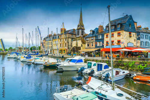 Admirable medieval cityscape with harbor and boats, Honfleur, Normandy, France