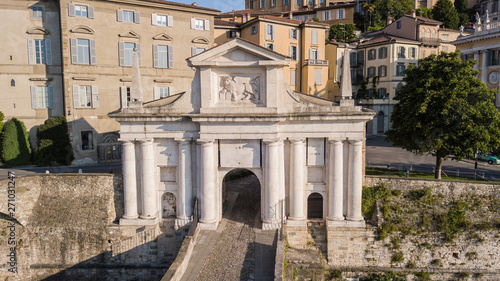 Bergamo, Italy. Drone aerial view of the old gate San Giacomo and historical building. The Old town. One of the beautiful city in Italy