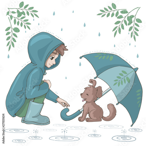 Cartoon boy shelters a cute puppy under his umbrella. Vector set of elements. Kindness concept. Isolated objects on white background.