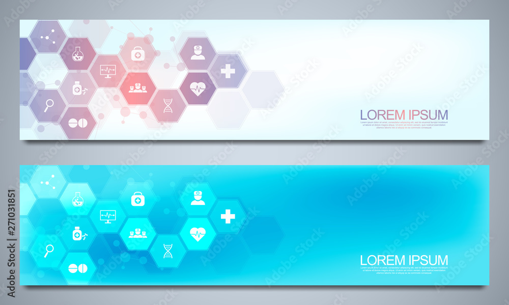 Banners design template for healthcare and medical decoration with flat icons and symbols. Science, medicine and innovation technology concept. Banners design template for healthcare and medical decoration with flat icons and symbols. Science, medicine and innovation technology concept.