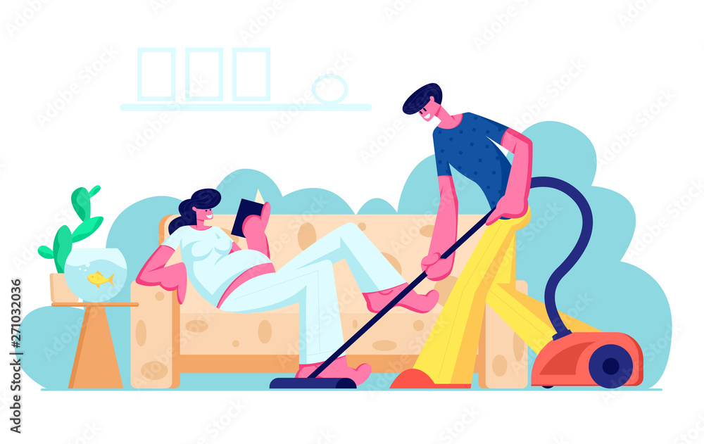 Happy Loving Couple Husband and Wife Prepare Become Parents. Man Vacuuming Floor, Pregnant Woman with Big Belly Reading on Couch. Young Family Waiting Baby, Clean Home Cartoon Flat Vector Illustration