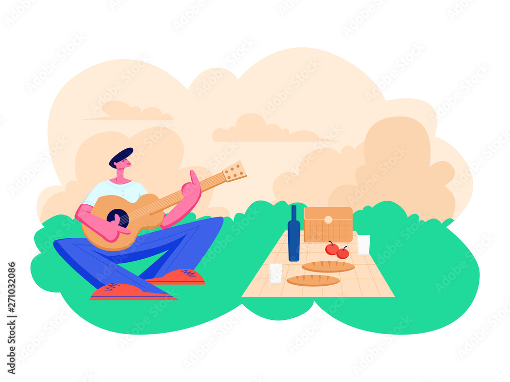 Young Man Sitting on Grass Singing Songs and Playing Guitar. Outdoors Sparetime in Picnic, Summer Camp or City Park. Summertime Leisure, Vacation Hiking or Traveling. Cartoon Flat Vector Illustration Young Man Sitting on Grass Singing Songs and Playing Guitar. Outdoors Sparetime in Picnic, Summer Camp or City Park. Summertime Leisure, Vacation Hiking or Traveling. Cartoon Flat Vector Illustration